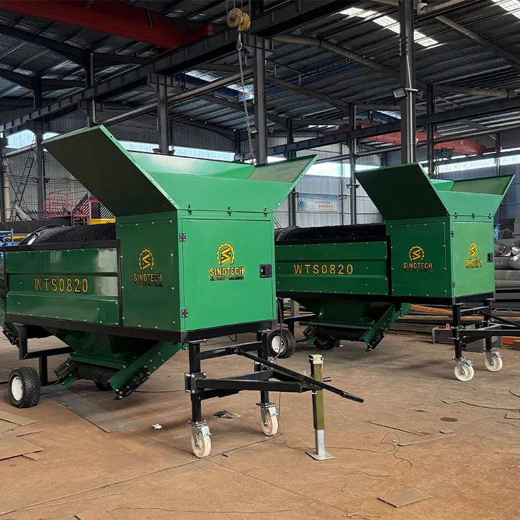 Small soil trommel sieve MTS0818 screening compost at nursery / Portable trommel sieve with removable drum / Soil trommel sifter processing topsoil on farm