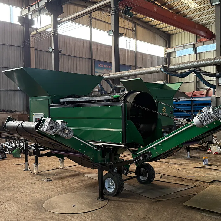 Small soil trommel sieve MTS0818 screening compost at nursery / Portable trommel sieve with removable drum / Soil trommel sifter processing topsoil on farm